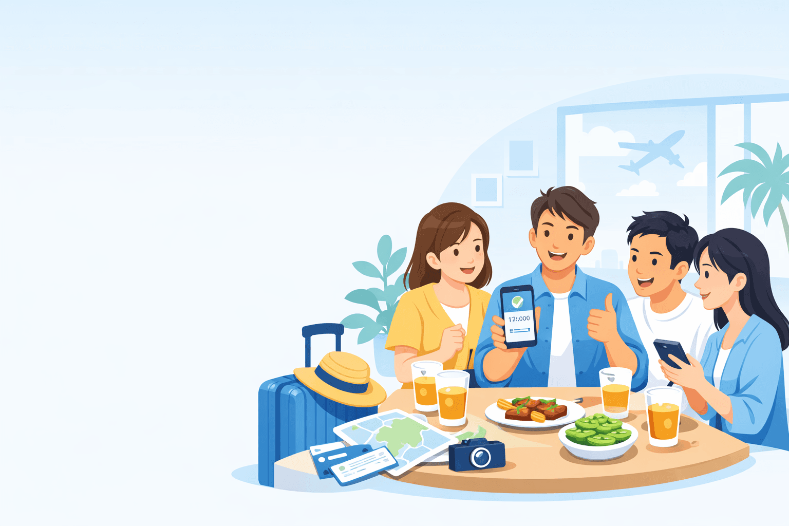 Illustration of friends checking split bills for a trip and dinner together.